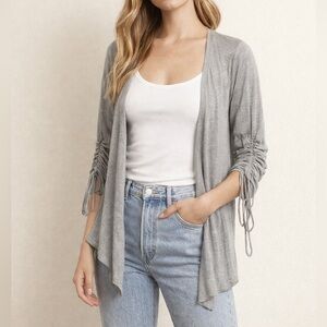 Ruched Sleeve Open Front Cardigan | Lightweight Gray Layering Top